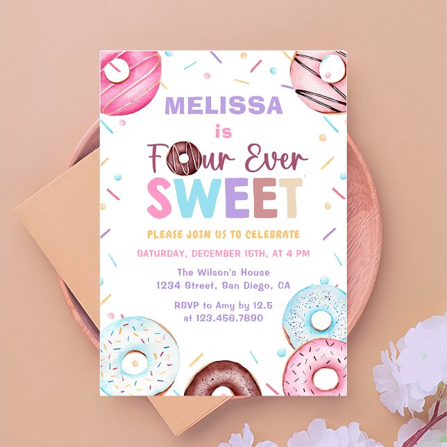 Four Ever Sweet Donut 4th Birthday Invitation (Creator Uploaded)