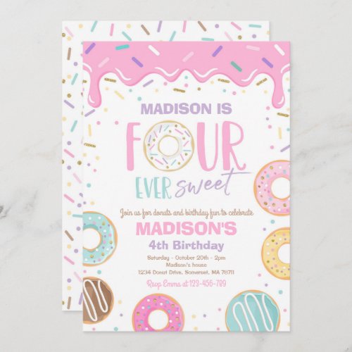 Four Ever Sweet Donut 4th Birthday Party Invitation