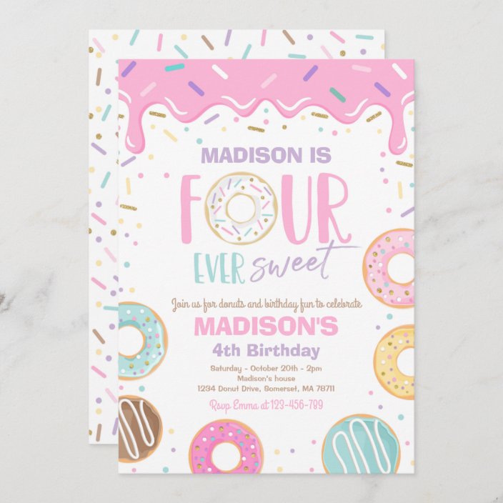 Four Ever Sweet Donut 4th Birthday Party Invitation Zazzle