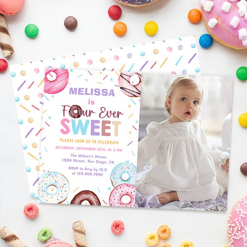 Four Ever Sweet Donut 4th Birthday Party Photo Invitation