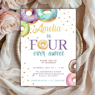 Four Ever Sweet Donut Gold Sprinkle 4th Birthday  Invitation