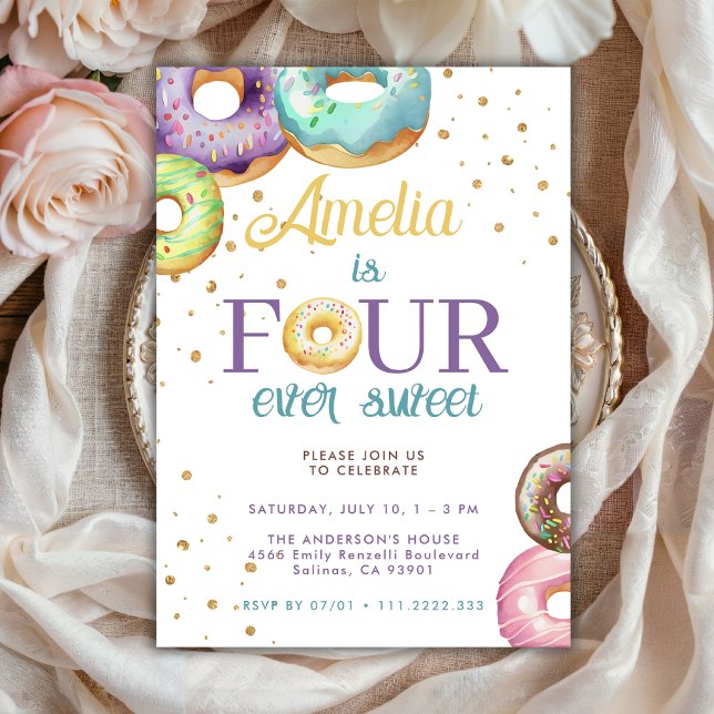 Four Ever Sweet Donut Gold Sprinkle 4th Birthday  Invitation (Creator Uploaded)
