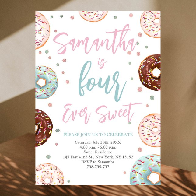 Four Ever Sweet Donuts Watercolor Birthday Party Invitation (Creator Uploaded)