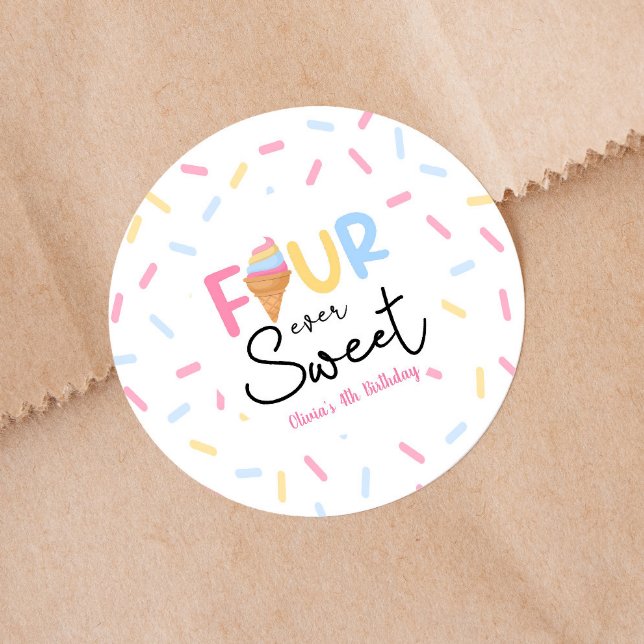 Four Ever Sweet Ice Cream 4th Birthday Party Classic Round Sticker (Creator Uploaded)