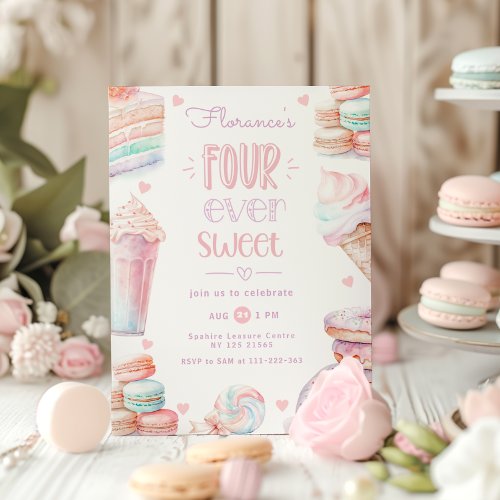 Four ever sweet pastel macarons 4th birthday invitation