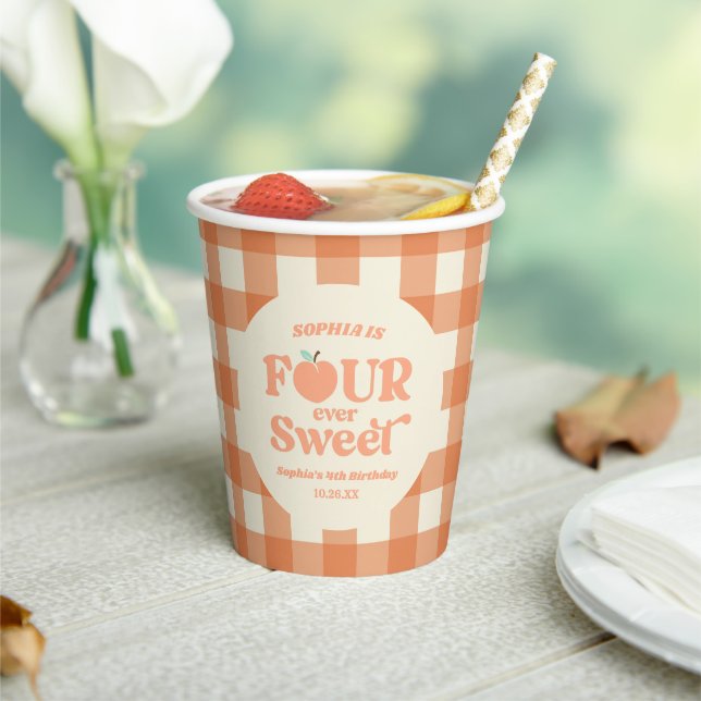 Four Ever Sweet Peach Fruit 4th Birthday Party Paper Cups (Insitu)