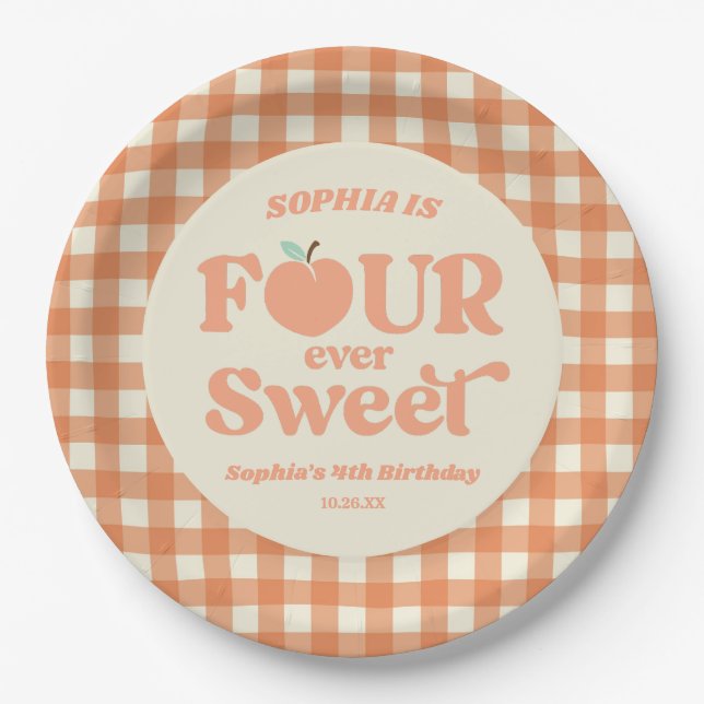 Four Ever Sweet Peach Fruit 4th Birthday Party Paper Plates (Front)