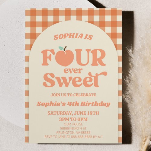 Four Ever Sweet Peach Orange 4th Birthday Party Invitation