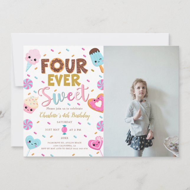 Four Ever Sweet Photo Birthday Donut 4th Birthday  Invitation (Front)