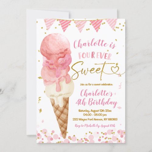 Four Ever Sweet Pink Ice Cream Fourth Birthday Invitation