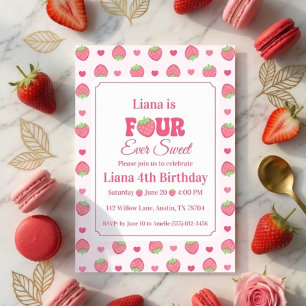 Four Ever Sweet Pink Strawberry Girl 4th Birthday Invitation