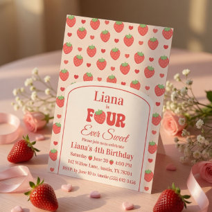 Four Ever Sweet Pink Strawberry Girl 4th Birthday Invitation