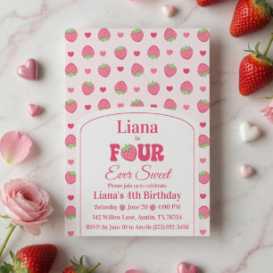 Four Ever Sweet Pink Strawberry Girl 4th Birthday Invitation