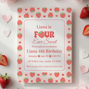 Four Ever Sweet Pink Strawberry Girl 4th Birthday  Invitation