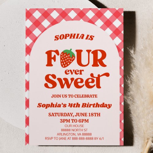 Four Ever Sweet Strawberry 4th Birthday Party Invitation