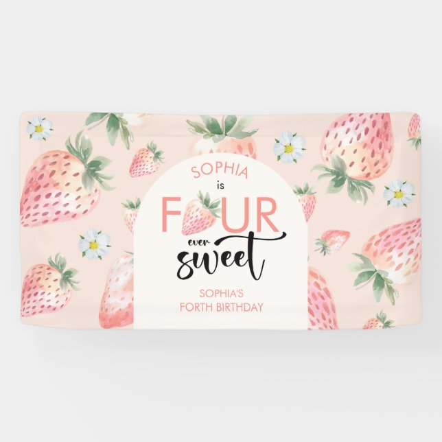 Four ever sweet strawberry kids birthday banner (Horizontal)