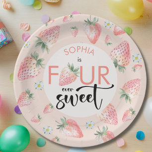 Four ever sweet strawberry kids birthday paper plates