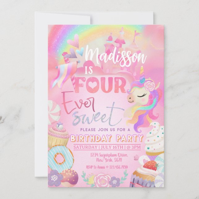 Four ever Sweet Unicorn Donut Sweet 4th  Invitation (Front)