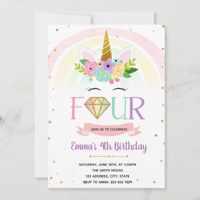 Four ever unicorn birthday invitation (Front)