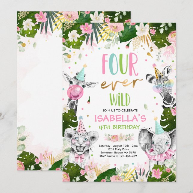 Four Ever Wild 4th Birthday Safari Animals Party Invitation (Front/Back)