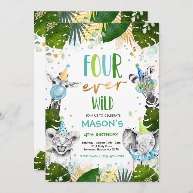 Four Ever Wild 4th Birthday Safari Animals Party Invitation (Front/Back)