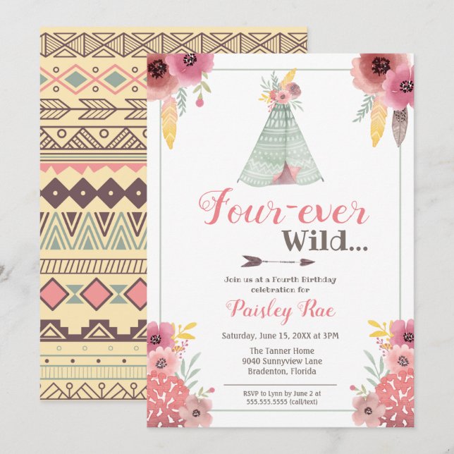 Four-ever Wild Boho Girls Fourth Birthday Invitation (Front/Back)