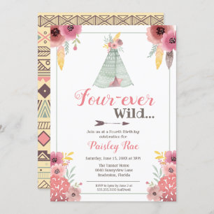 Four-ever Wild Boho Girls Fourth Birthday Invitation