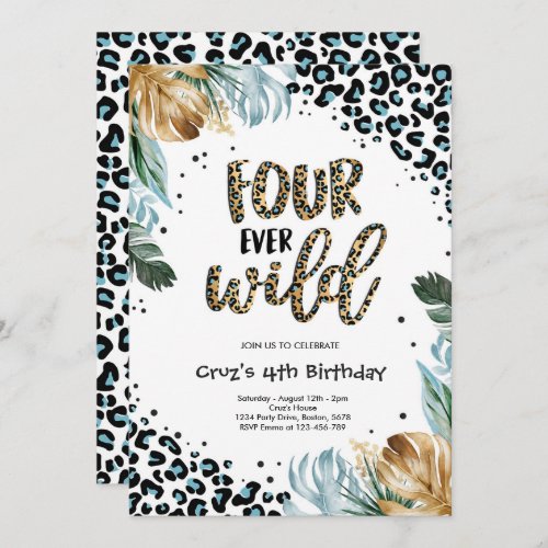 Four Ever Wild Boy Jungle Leopard Print Birthday Invitation