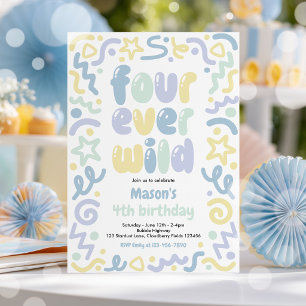 Four Ever Wild Confetti Balloon 4th Birthday  Invitation