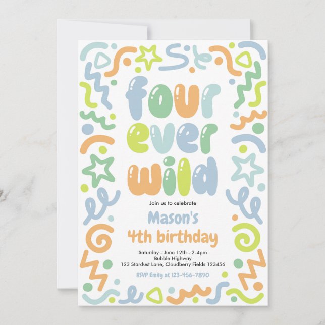 Four Ever Wild Confetti Balloon 4th Birthday  Invitation (Front)