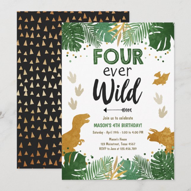 Four ever Wild Dino Boy Gold Dinosaur Birthday Invitation (Front/Back)