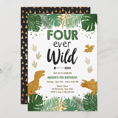 Four ever Wild Dino Boy Gold Dinosaur Birthday Invitation