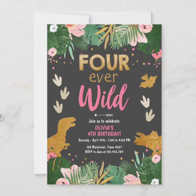 Four ever Wild Dino Girl Pink Dinosaur Birthday Invitation (Front)