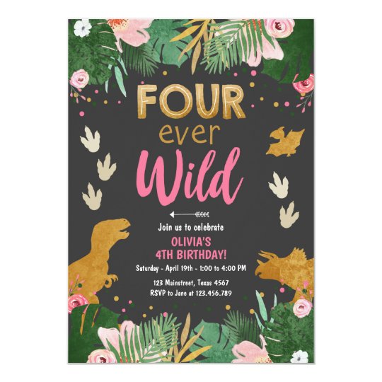 Download Four ever Wild Dino Girl Pink Dinosaur Birthday Invitation ...