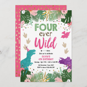 Four ever Wild Dino Girl Pink Dinosaur Birthday Invitation