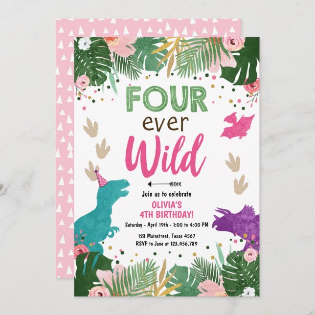 Four ever Wild Dino Girl Pink Dinosaur Birthday Invitation (Front/Back)