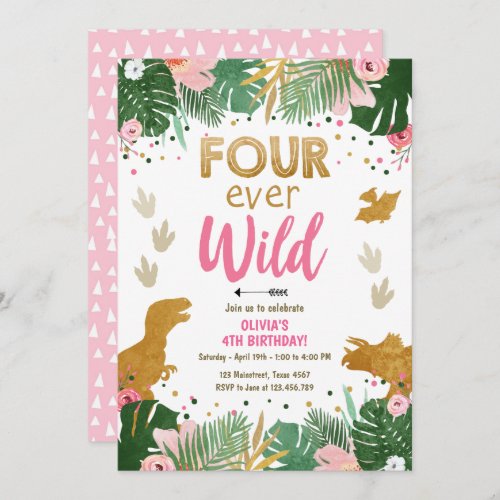 Four ever Wild Dino Girl Pink Dinosaur Birthday Invitation