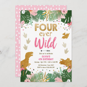 Four ever Wild Dino Girl Pink Dinosaur Birthday Invitation