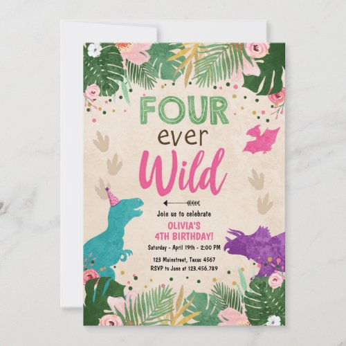 Four ever Wild Dino Girl Pink Dinosaur Birthday Invitation