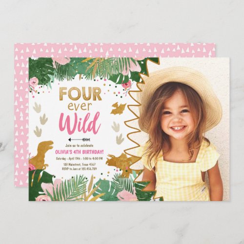 Four ever Wild DinoGirl Pink Dinosaur 4th Birthday Invitation