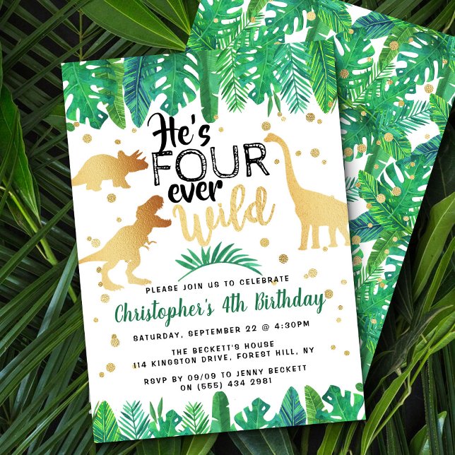 Four Ever Wild Dinosaur Boys 4th Birthday Invitation (Creator Uploaded)