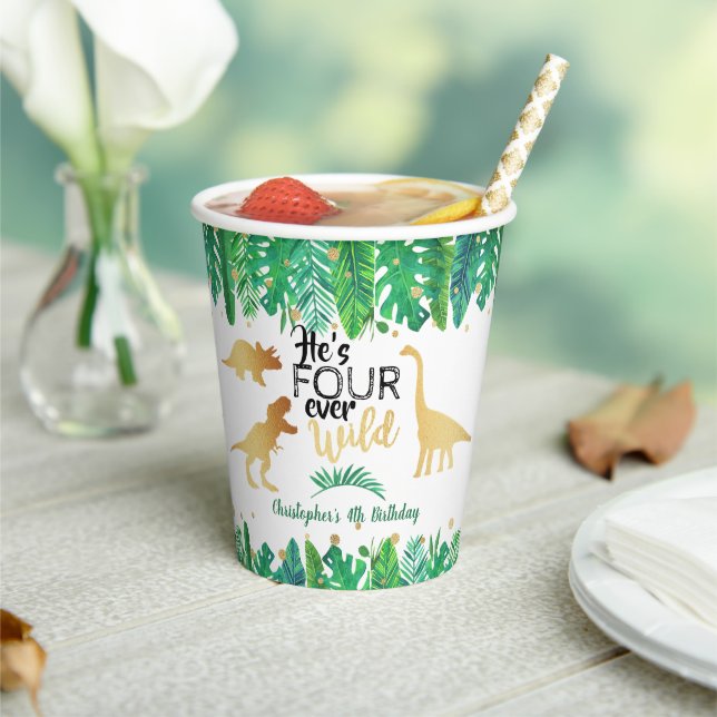 Four Ever Wild Dinosaur Boys 4th Birthday Paper Cups (Insitu)
