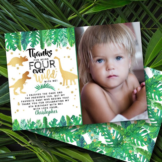 Four Ever Wild Dinosaur Boys 4th Birthday Photo Thank You Card (Creator Uploaded)