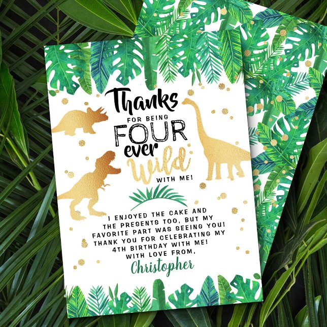 Four Ever Wild Dinosaur Boys 4th Birthday Thank You Card (Creator Uploaded)