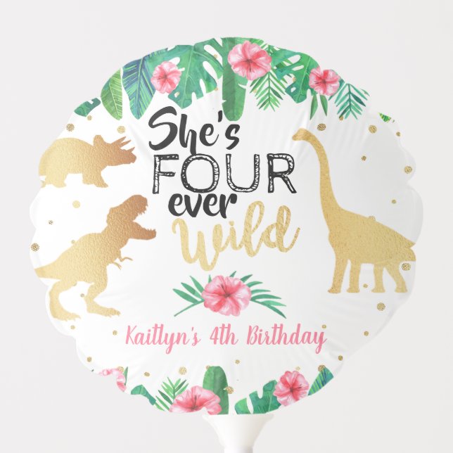 Four Ever Wild Dinosaur Girls 4th Birthday Balloon (Front)