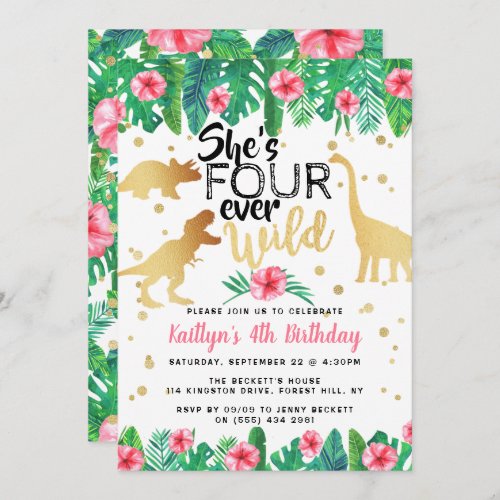 Four Ever Wild Dinosaur Girls 4th Birthday Invitation