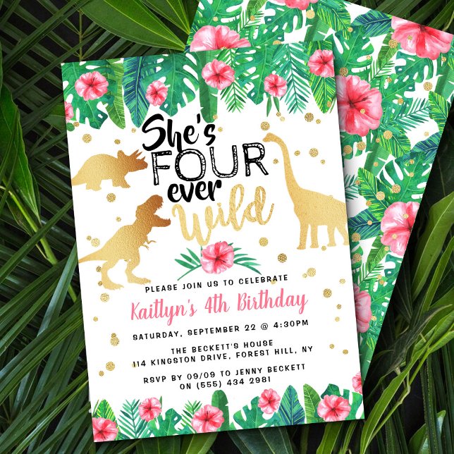 Four Ever Wild Dinosaur Girls 4th Birthday Invitation (Creator Uploaded)