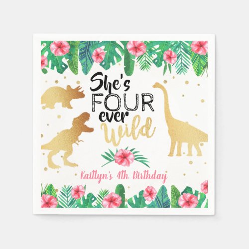 Four Ever Wild Dinosaur Girls 4th Birthday Napkins