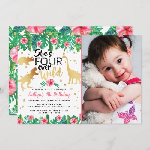 Four Ever Wild Dinosaur Girls 4th Birthday Photo Invitation