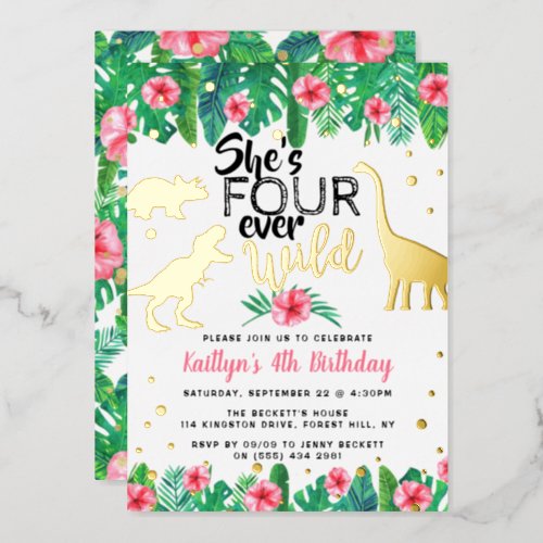 Four Ever Wild Dinosaur Girls 4th Birthday Real Foil Invitation